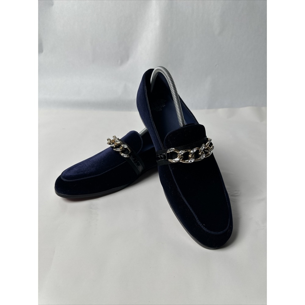 Royal Shoes Royale Men Velvet Blue Gold Chain Dress Loafers LF-8858 Size 11